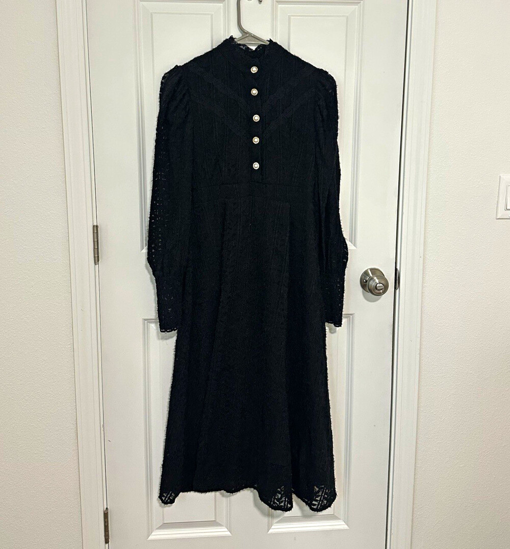 Dazy Women’s S Black Sheer Lace High Neck Long Sleeve Button Front Midi